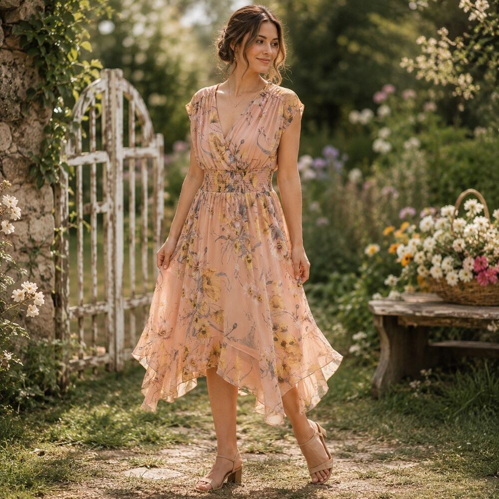 H&M Maxi Chiffon Dress Sz 10 Peach Cottage Boho Romantic Coquette Smock Floral
